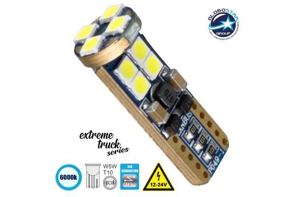 GloboStar® 81102 Λάμπα Αυτοκίνητου T10 W5W 3rd Generation Can-Bus Extreme Truck Series LED 12 SMD 3030 6W 900lm 360° DC 12-24V IP20 Ψυχρό Λευκό 6000K