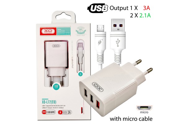 Xo L72 Eu QC3.0+2.1A 3xUSB Micro Cable