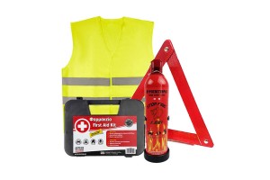 Σετ Ασφαλείας Αυτοκινήτου / Σετ Κτεο Τρίγωνο, Φαρμακείο, Πυροσβεστήρας 750 ml, Γιλέκο Κίτρινο 4 Τεμάχια