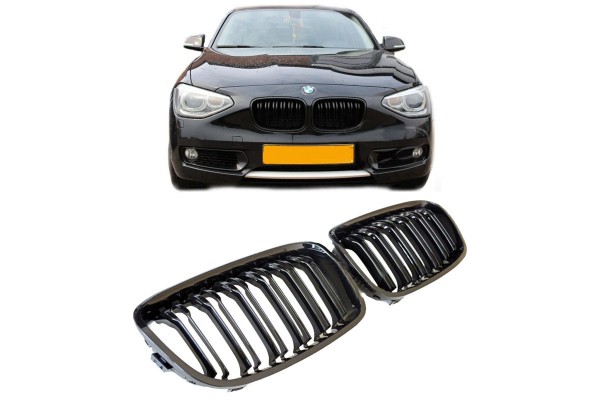 Καρδιές Μάσκας Για Bmw 1 F20 / F21 11-15 M4 Look Με Διπλή Γρίλια Μαύρο Γυαλιστερό 2 Τεμάχια