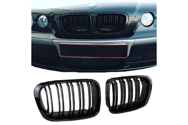 Καρδιές Μάσκας Για Bmw 3 E46 99-01 Sedan/Touring/Compact M4 Look Με Διπλή Γρίλια Μαύρο Γυαλιστερό 2 Τεμάχια