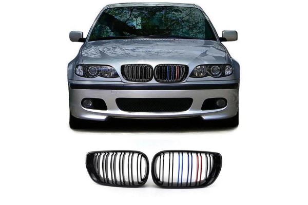 Καρδιές Μάσκας Για Bmw 3 E46 02-05 Sedan/Touring M4 Look Με Διπλή Γρίλια Tri-Color Μαύρο Γυαλιστερό 2 Τεμάχια