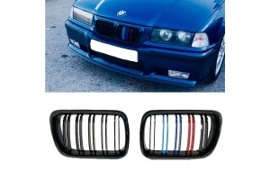 Καρδιές Μάσκας Για Bmw 3 E36 96-99 M4 Look Με Διπλή Γρίλια Tri-color / Μαύρο Γυαλιστερό 2 Τεμάχια