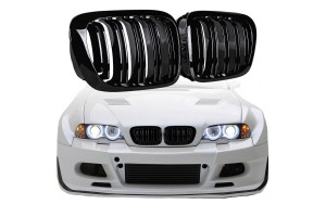 Καρδιές Μάσκας Για Bmw 3 E46 99-03 Coupe/Cabrio M4 Look Με Διπλή Γρίλια Μαύρο Γυαλιστερό 2 Τεμάχια