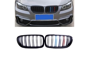 Καρδιές Μάσκας Για Bmw 3 E90 /E91 08-11 M4 Look Με Διπλή Γρίλια Tri-color / Μαύρο Γυαλιστερό 2 Τεμάχια