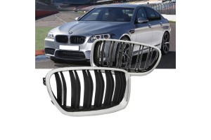 Καρδιές Μάσκας Για Bmw 5 F10 / F11 10-16 M4 Look Χρωμίου Με Διπλή Γρίλια Μαύρο Γυαλιστερό 2 Τεμάχια