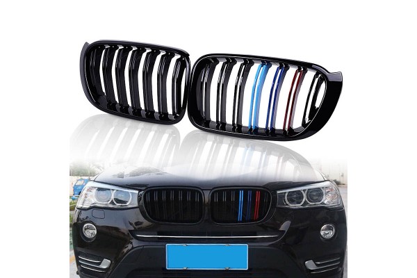 Καρδιές Μάσκας Για Bmw X3 F25 Lci 14-17 / X4 F26 14-17 M4 Look Με Διπλή Γρίλια Tri-Color Μαύρο Γυαλιστερό Με 7 Γρίλιες 2 Τεμάχια