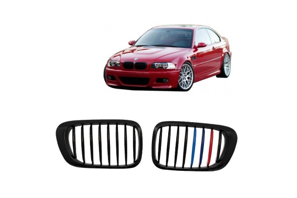 Καρδιές Μάσκας Για Bmw 3 E46 99-03 Coupe/Cabrio Tri-color / Μαύρο Γυαλιστερό Με 8 Γραμμές 2 Τεμάχια