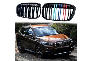 Καρδιές Μάσκας Για Bmw X1 F48 14-19 M4 Look Με Διπλή Γρίλια Tri-Color Μαύρο Γυαλιστερό 2 Τεμάχια