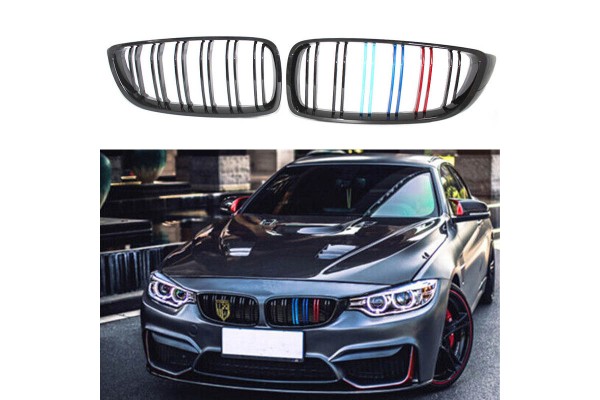 Καρδιές Μάσκας Για Bmw 4 F32 / F33 / F36 13-20 M4 Look Με Διπλή Γρίλια Tri-Color Μαύρο Γυαλιστερό 2 Τεμάχια