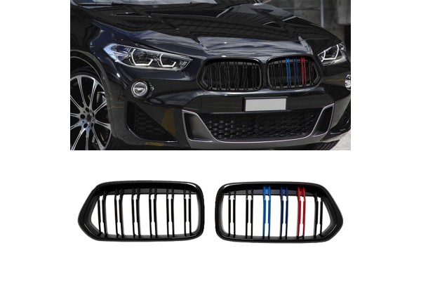 Καρδιές Μάσκας Για Bmw X2 F39 18+ M4 Look Με Διπλή Γρίλια Tri-Color Μαύρο Γυαλιστερό 2 Τεμάχια