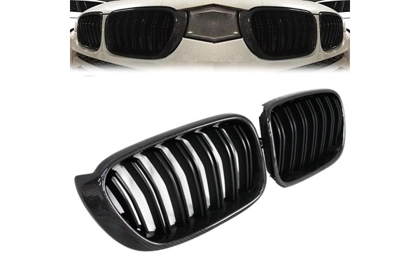Καρδιές Μάσκας Για Bmw X3 F25 Lci 14-17 / X4 F26 14-17 M4 Look Με Διπλή Γρίλια Μαύρο Γυαλιστερό Με 7 Γρίλιες Και Πλαίσιο Carbon 2 Τεμάχια