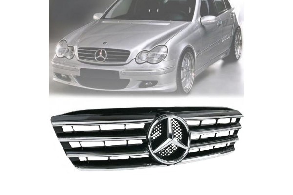Μάσκα Για Mercedes-Benz C-Class W203 00-07 Amg Look Με 4 Γρίλιες Μαύρο/Χρώμιο 1 Τεμάχιο