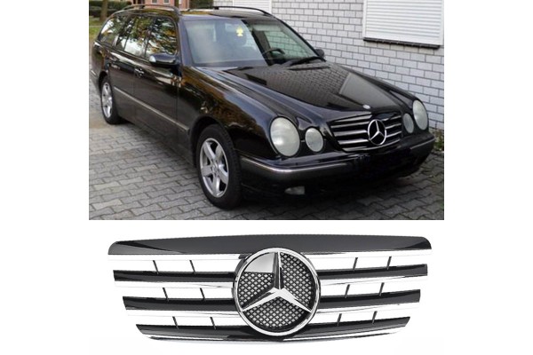 Μάσκα Για Mercedes-Benz E-Class W210 99-02 Amg Look Με 4 Γρίλιες Μαύρο/Χρώμιο 1 Τεμάχιο