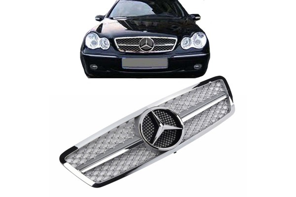 Μάσκα Για Mercedes-Benz C-Class W203 00-07 Amg Look Με Μονή Γρίλια Χρώμιο/Ασημί 1 Τεμάχιο