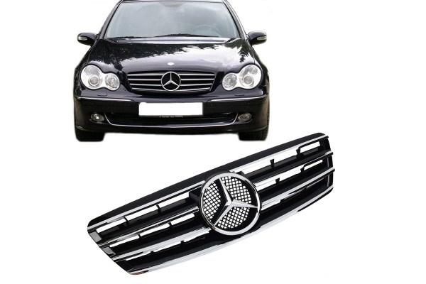 Μάσκα Για Mercedes-Benz C-Class W203 00-07 Amg Look Με 4 Γρίλιες Μαύρο/Χρώμιο 1 Τεμάχιο