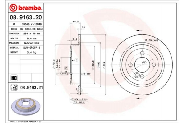 Brembo Δισκόπλακα - 08.9163.21 Brembo Δισκόπλακα - 08.9163.21