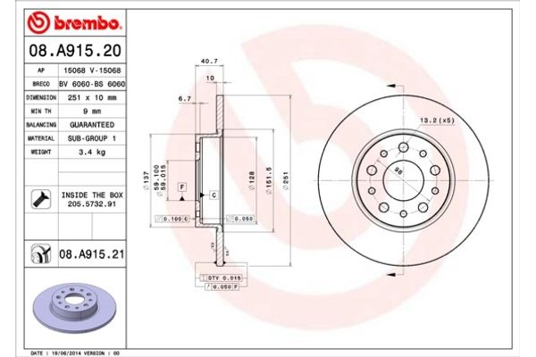 Brembo Δισκόπλακα - 08.A915.21