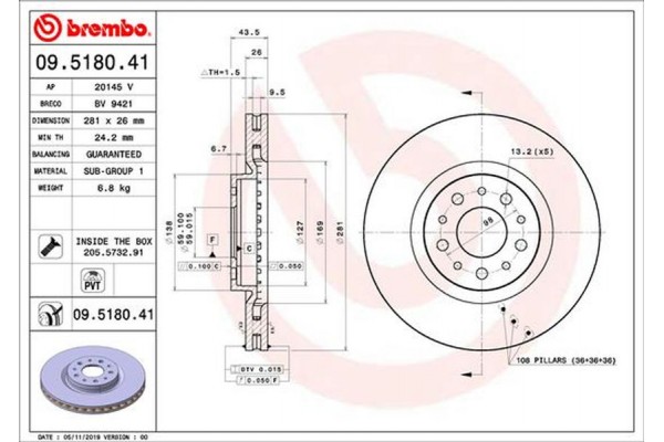 Brembo Δισκόπλακα - 09.5180.41 Brembo Δισκόπλακα - 09.5180.41