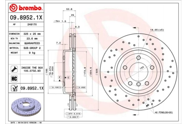 Brembo Δισκόπλακα - 09.8952.1X Brembo Δισκόπλακα - 09.8952.1X