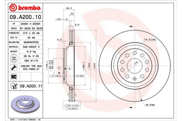 Brembo Δισκόπλακα - 09.A200.11 Brembo Δισκόπλακα - 09.A200.11