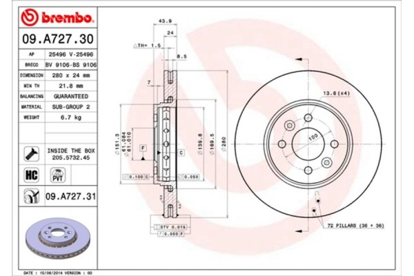Brembo Δισκόπλακα - 09.A727.31 Brembo Δισκόπλακα - 09.A727.31