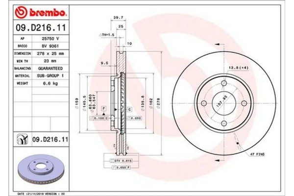 Brembo Δισκόπλακα - 09.D216.11 Brembo Δισκόπλακα - 09.D216.11