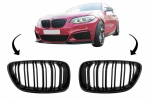 Κεντρικές Γρίλιες Νεφρών Κατάλληλες Για Bmw Σειρά 2 F22 F23 F87 (2014-και μετά) Διπλή Ρίγα M Design Piano Black