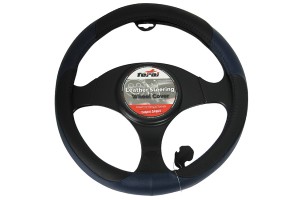 Κάλυμμα Τιμονιού Αυτοκινήτου Δερμάτινο Μαύρο-Μπλε Medium 38cm 1 Τεμάχιο