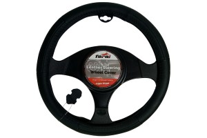 Κάλυμμα Τιμονιού Αυτοκινήτου Δερμάτινο Μαύρο-Μαύρο Medium 38cm 1 Τεμάχιο