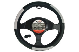 Κάλυμμα Τιμονιού Αυτοκινήτου Δερμάτινο Μαύρο-Γκρι Medium 38cm 1 Τεμάχιο