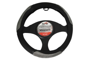 Κάλυμμα Τιμονιού Αυτοκινήτου Δερματίνη Δίχρωμο Μαύρο-Γκρι Medium 38cm 1 Τεμάχιο