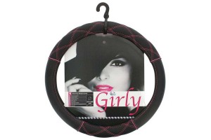 Κάλυμμα Tιμονιού Αυτοκινήτου Δερματίνη Girly Pink Cross Stitch Μαύρο Με Ροζ Σταυρωτό Νήμα Medium 37-39cm 1 Τεμάχιο