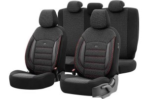 Καλύμματα Αυτοκινήτου Otom Sport Plus Design Universal Βαμβακερό Ύφασμα / Rachel / Δερματίνη Σετ Εμπρός / Πίσω Μαύρο Με Κόκκινο Κέντημα SPTPLS-102 11 Τεμάχια