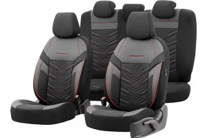 Καλύμματα Αυτοκινήτου Otom Reflective Design Universal Jacquard / Rachel / Δερματίνη Σετ Εμπρός / Πίσω Μαύρο Με Κόκκινη Ραφή RFL-2601 11 Τεμάχια