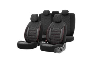 Καλύμματα Αυτοκινήτου Otom Sport Plus Design Universal Βαμβακερό Ύφασμα / Rachel / Δερματίνη Σετ Εμπρός / Πίσω Μαύρο Με Κόκκινο Κέντημα SPTPLS-102 11 Τεμάχια
