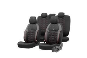 Καλύμματα Αυτοκινήτου Otom Pulse Design Universal Δερματίνη / Rachel Σετ Εμπρός / Πίσω Μαύρο Με Κόκκινη Ραφή PLS-2902 11 Τεμάχια