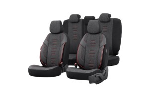 Καλύμματα Αυτοκινήτου Otom Throne Universal Λινό Ύφασμα / Rachel / Δερματίνη Σετ Εμπρός / Πίσω Μαύρο Με Κόκκινη Ραφή THR-101 11 Τεμάχια