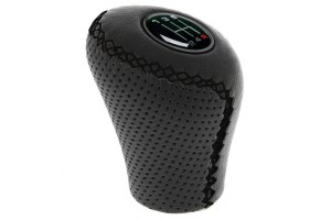 Πόμολο Λεβιέ Ταχυτήτων Δερμάτινο Τρυπητό Οβάλ Μαύρο Με Μαύρες Ραφές Για Σηκωτή Ή Πατητή Όπισθεν