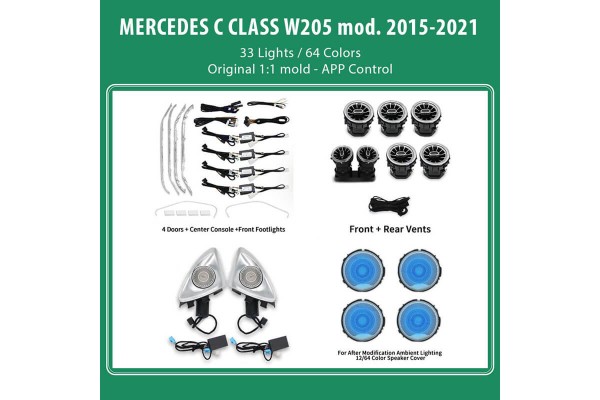 Ambient Light Full Kit Για Mercedes-Benz C-Class W205 15-18 Με 33 Φώτα / 64 Χρώματα