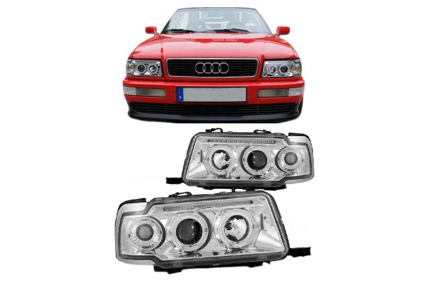 Μπροστινά Φανάρια Set Για Audi 80 B4 91-96 Angel Eyes & Led Χρωμίου H1/H1 Junyan