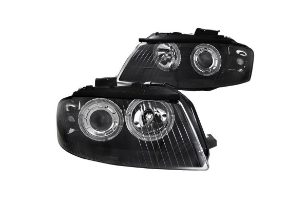 Μπροστινά Φανάρια Set Για Audi A3 8P 03-08 Angel Eyes Μαύρα H7/H7 Με Μοτέρ Depo