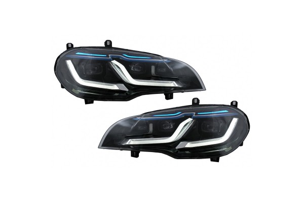 Μπροστινά Φανάρια Set Για Bmw X5 E70 07-14 Double L Led Bar Μαύρα Upgrade Xenon To Led Με Μοτέρ Carner