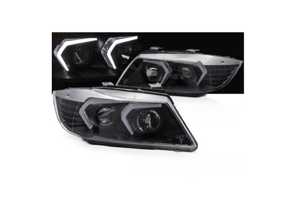 Μπροστινά Φανάρια Set Για Bmw 3 E90 / E91 05-08 G60 Look 3D Drl & Led Φλας Μαύρα H7/H1 Reliable Auto Parts