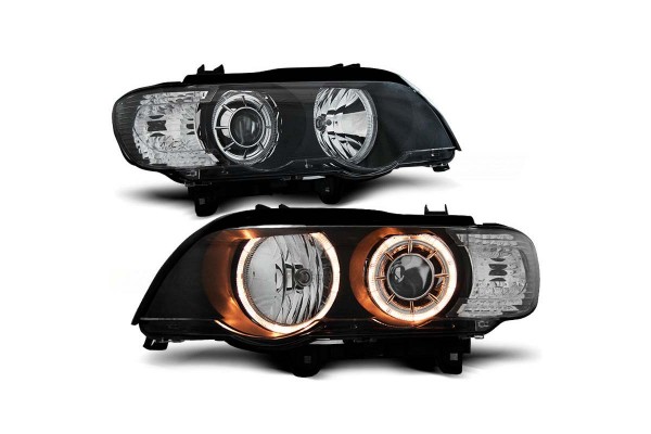 Μπροστινά Φανάρια Set Για Bmw X5 E53 99-03 Led Angel Eyes Μαύρα H7/H7 Με Μοτέρ Depo