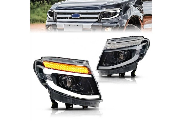 Μπροστινά Φανάρια Set Για Ford Ranger T6 2012-2015 Drl Dynamic Μαύρα Full Led Με Μοτέρ