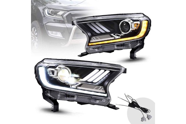 Μπροστινά Φανάρια Set Για Ford Ranger T7 T8 2016-2020 Munstang Look Drl Dynamic Μαύρα Full Led Με Μοτέρ