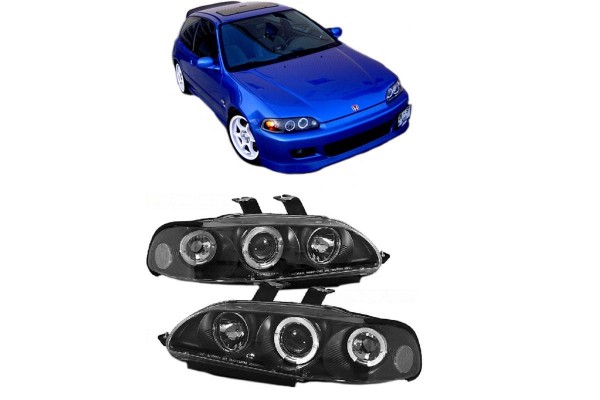 Μπροστινά Φανάρια Set Για Honda Civic 92-95 2D/3D Angel Eyes & Led Μαύρα H1/H1 Manual Sonar