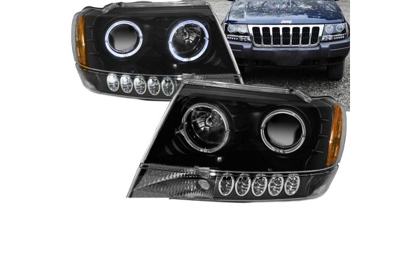 Μπροστινά Φανάρια Set Για Jeep Grand Cherokee 99-05 Wj Angel Eyes & Led Μαύρα H3/H1 Manual Eagle Eyes