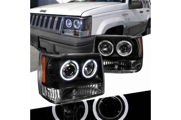 Μπροστινά Φανάρια Set Για Jeep Grand Cherokee 93-98 Zj Angel Eyes Μαύρα H3/H1 Manual Junyan